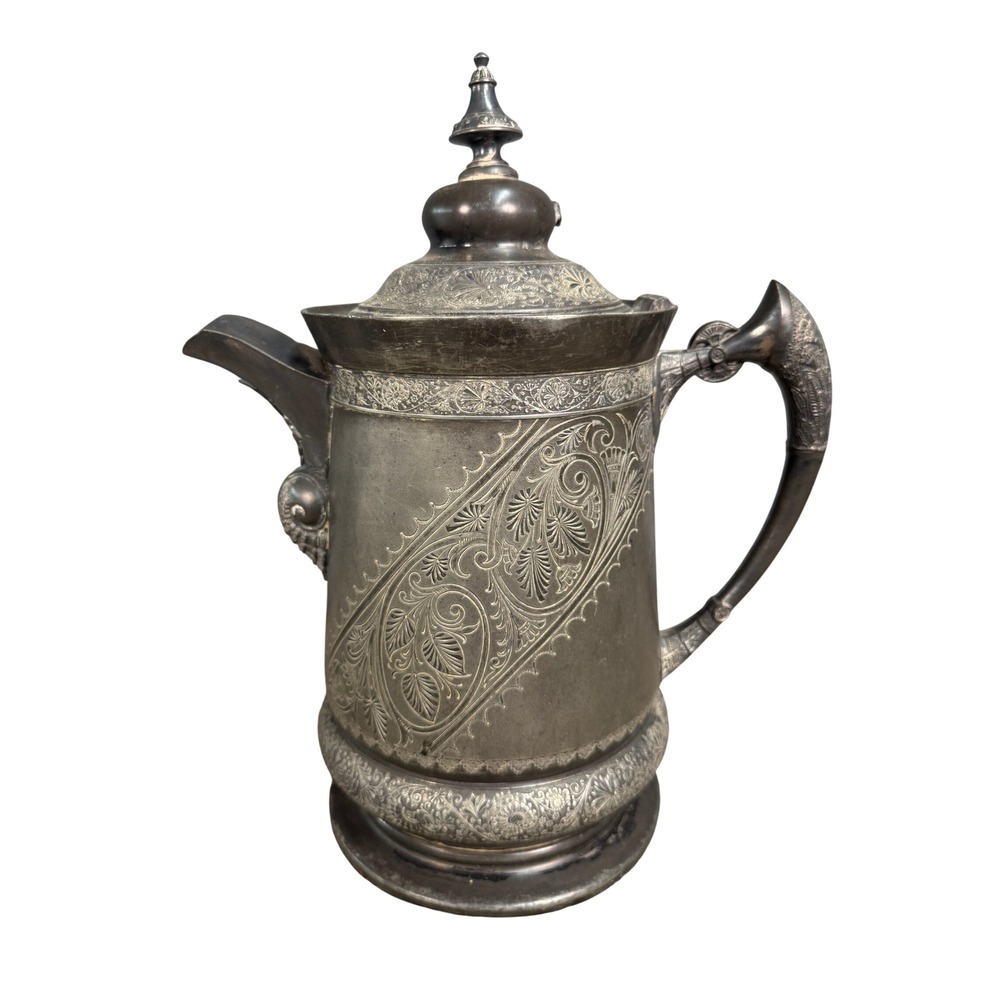 Antique Victorian Silver Plate Engraved Coffee Pot Ornate Floral Scroll Teapot